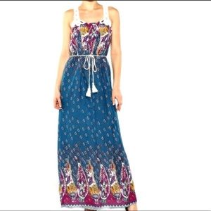 FLYING TOMATO  Blue Paisley Racer Crotchet Back Maxi Dress